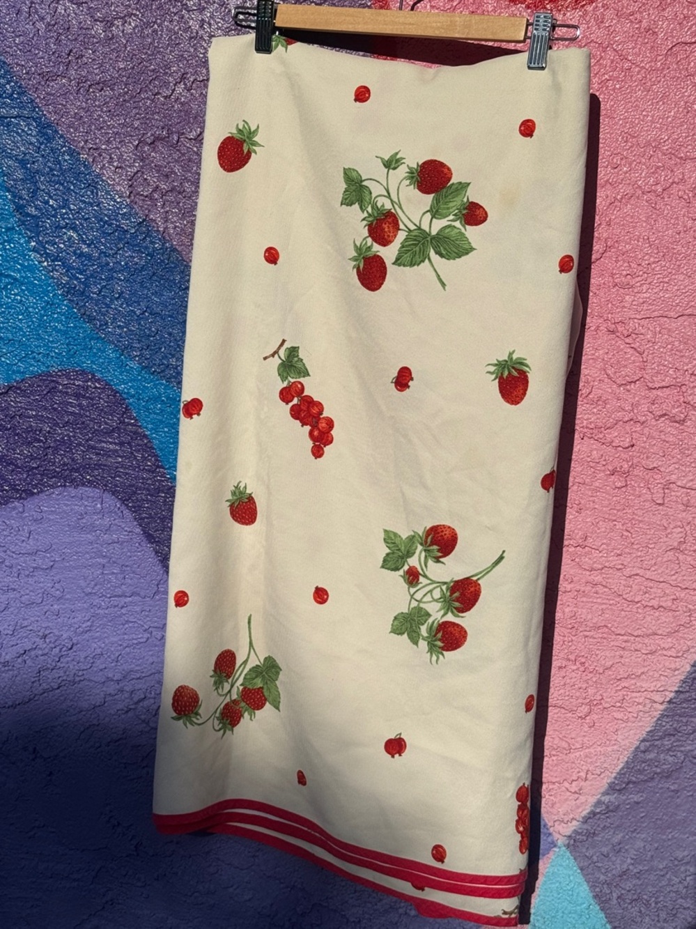 Cream vintage tablecloth with Red Strawberry Print and Hem Trim